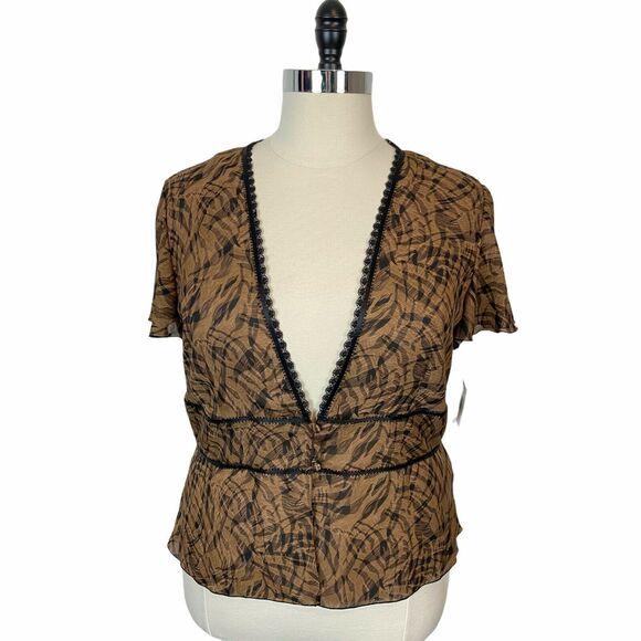 Sag Harbor Top Sheer Brown Black Corset Flutter Sleeve Plunge Neck Size 18 - Picture 2 of 15